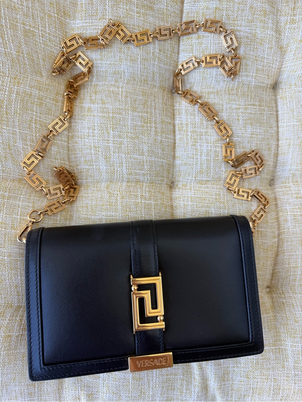 Versace Black Leather Crossbody Bag with Gold Chain